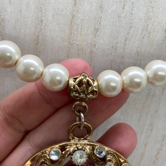 Victorian Set Simulated Pearl Choker 16" Necklace Pierced Earrings Rhinestone - Picture 5 of 16